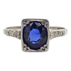 Art Deco 18ct white gold and platinum oval synthetic sapphire ring, with diamond set shoulders, 18ct & Pt