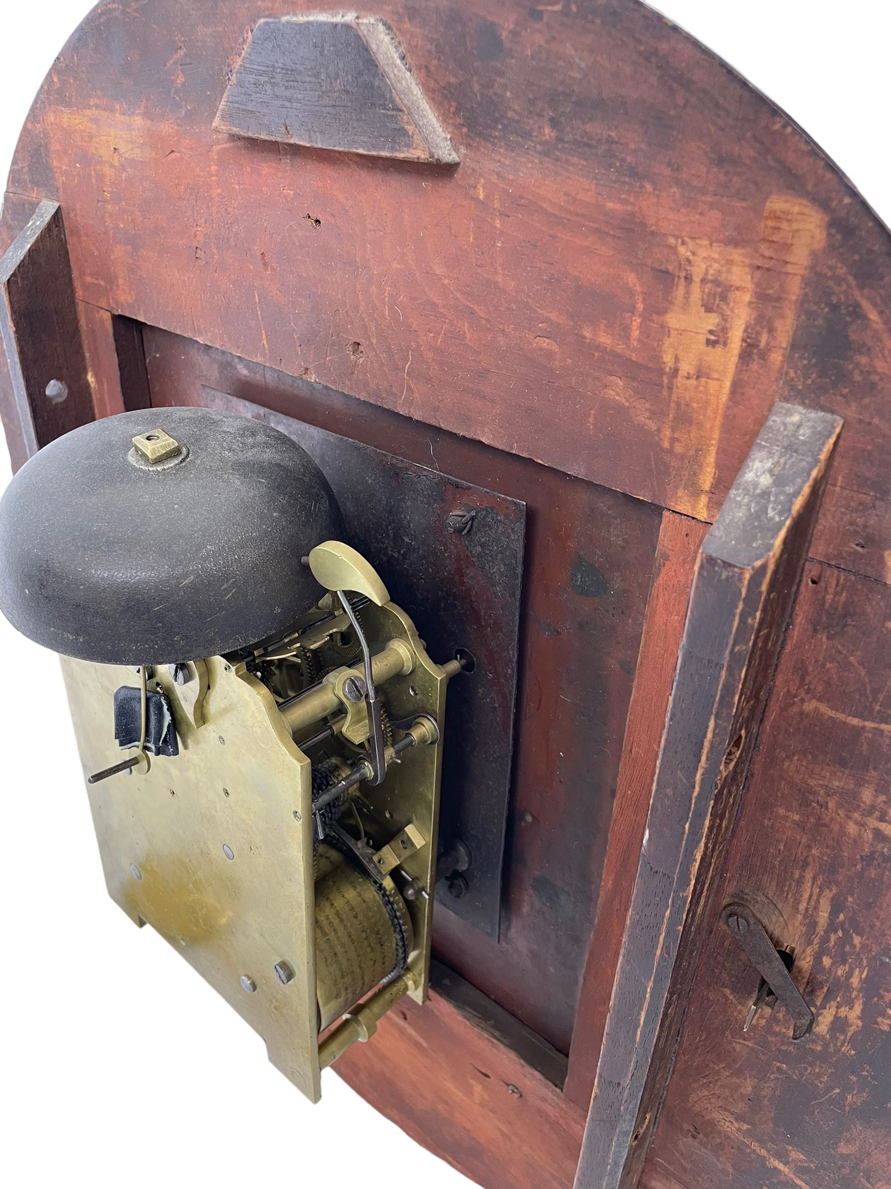 Joseph Critchley of Liverpool -  early 19th century twin fusee 8-day rosewood and mother of pearl inlaid drop-dial wall clock c1820, inlaid circular wooden dial surround with carved ears representing grapes and vine leaves, glazed box with a scroll carved surround, curved base and pendulum adjustment door, 14” painted dial with Roman numerals, minute track, and pierced steel hands within a cast brass bezel and flat glass, dial pinned to a four pillar chain driven fusee movement striking the hours on a bell. With pendulum and key.