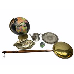 ladies vanity set with floral embroidery backs, comprising mirror, two brushes, comb and tray, along with paperweight with internal floral design, brass and copper bedwarmer, two metal serving trays, a metal teapot and a globe. 
