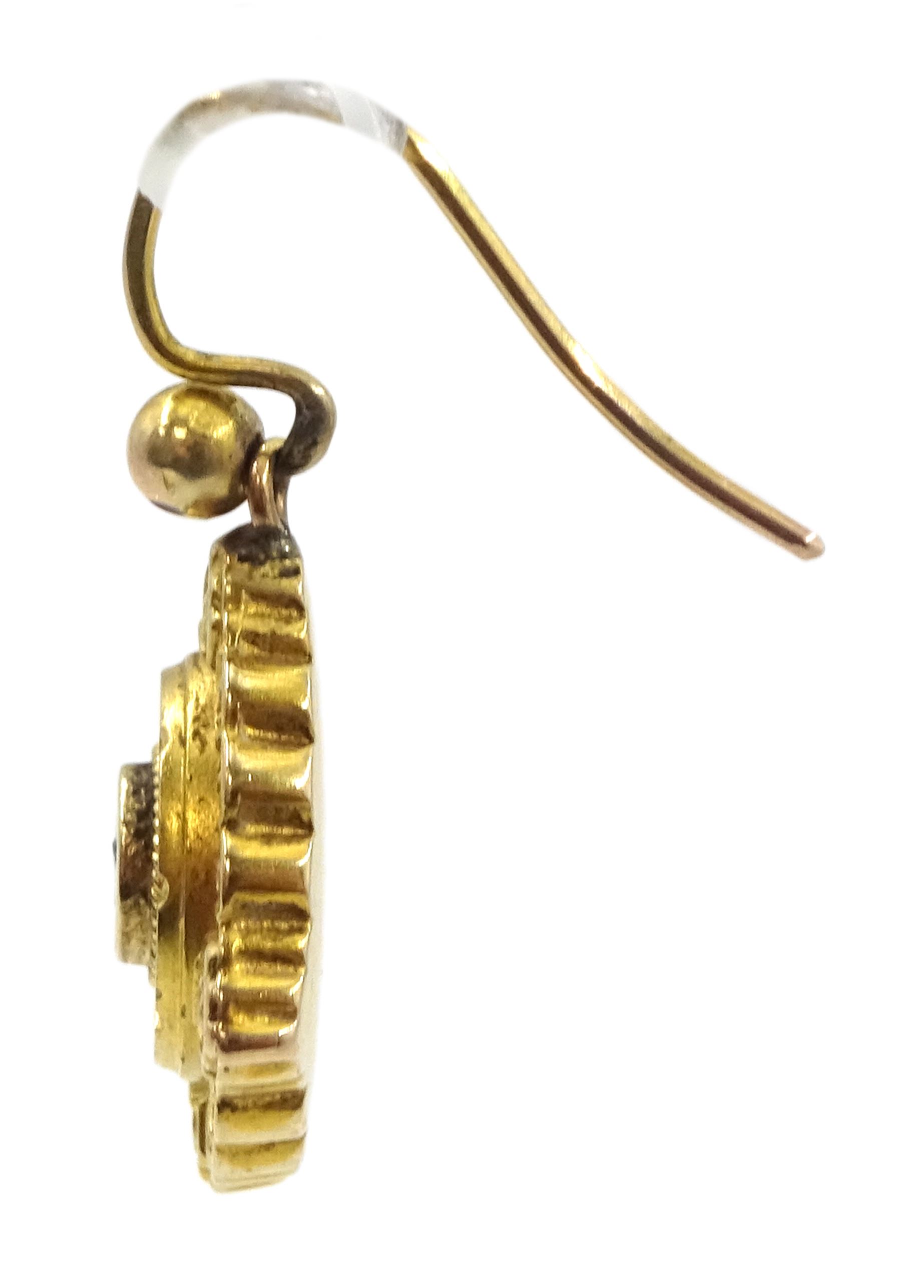 Pair of Victorian 15ct gold Etruscan revival pendant earrings, each set with a single rose cut diamond, Rd No. 28516