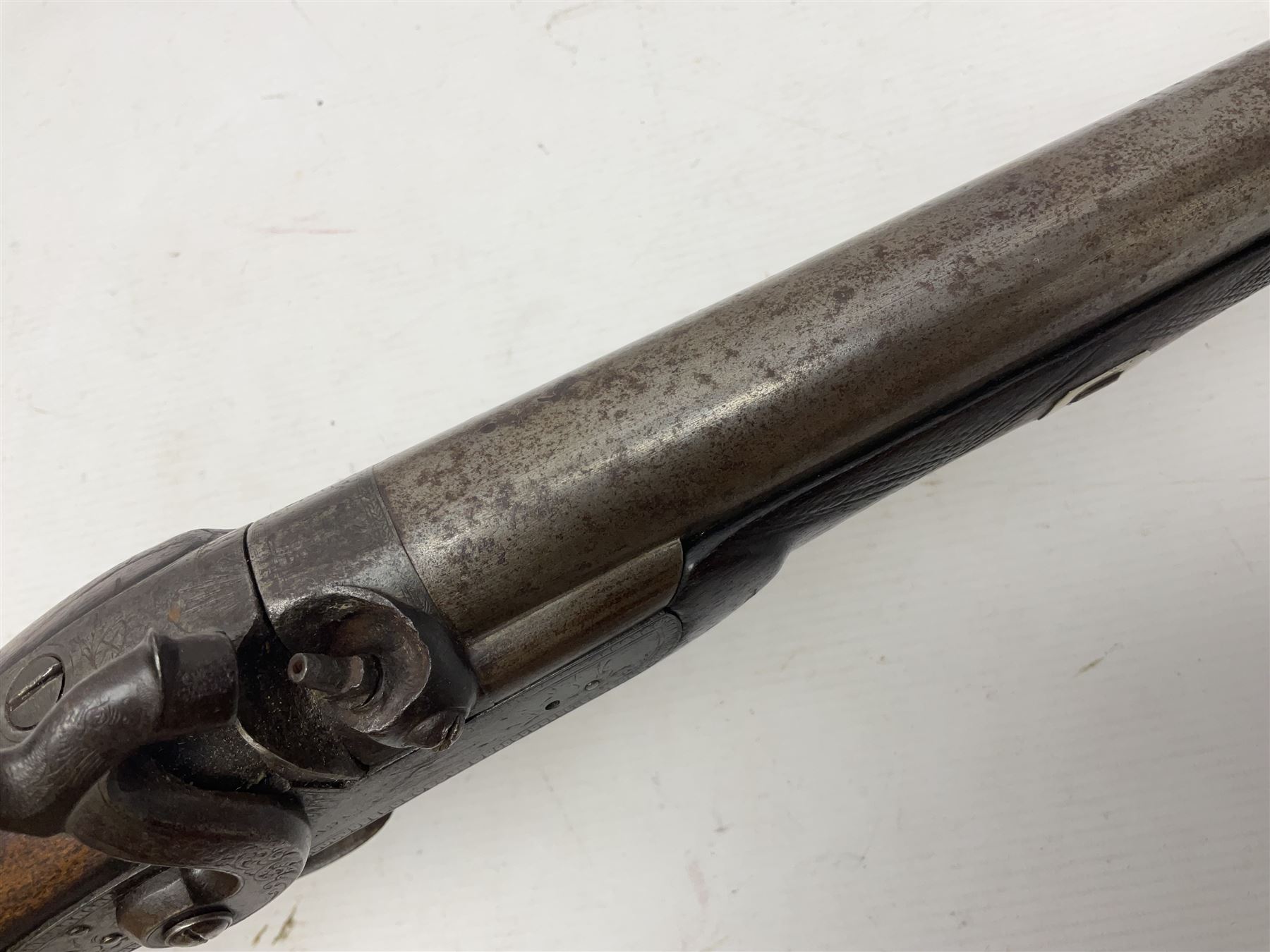 19th century take down 'cripple stopper' single barrel percussion gun, removable walnut stock with bayonet style fitting, chequered grip and fore-end, approximately 8-bore, the 59.5cm (23