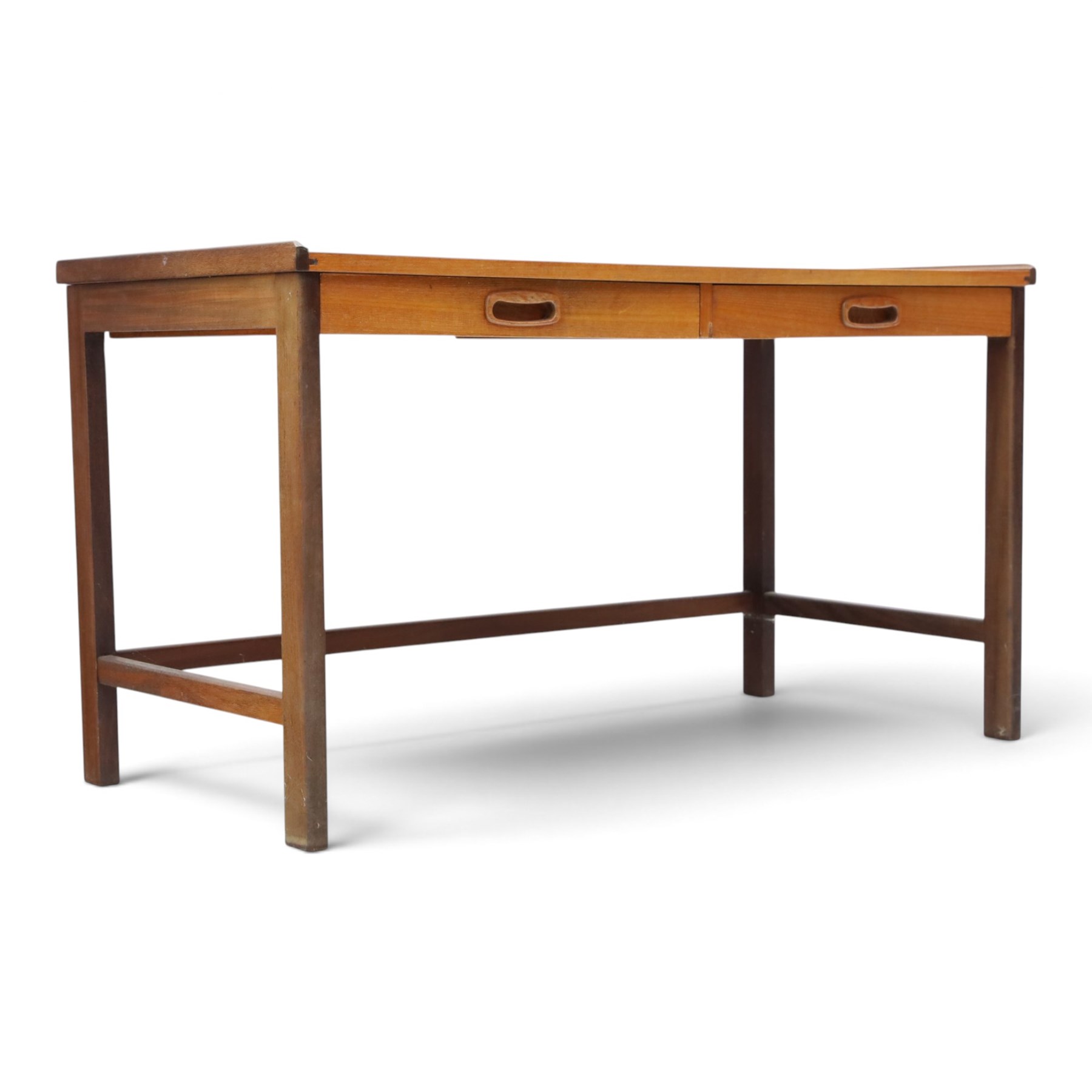 Danish mid-20th century teak small console table, fitted with two baize lined drawers, raised on square supports united by stretchers