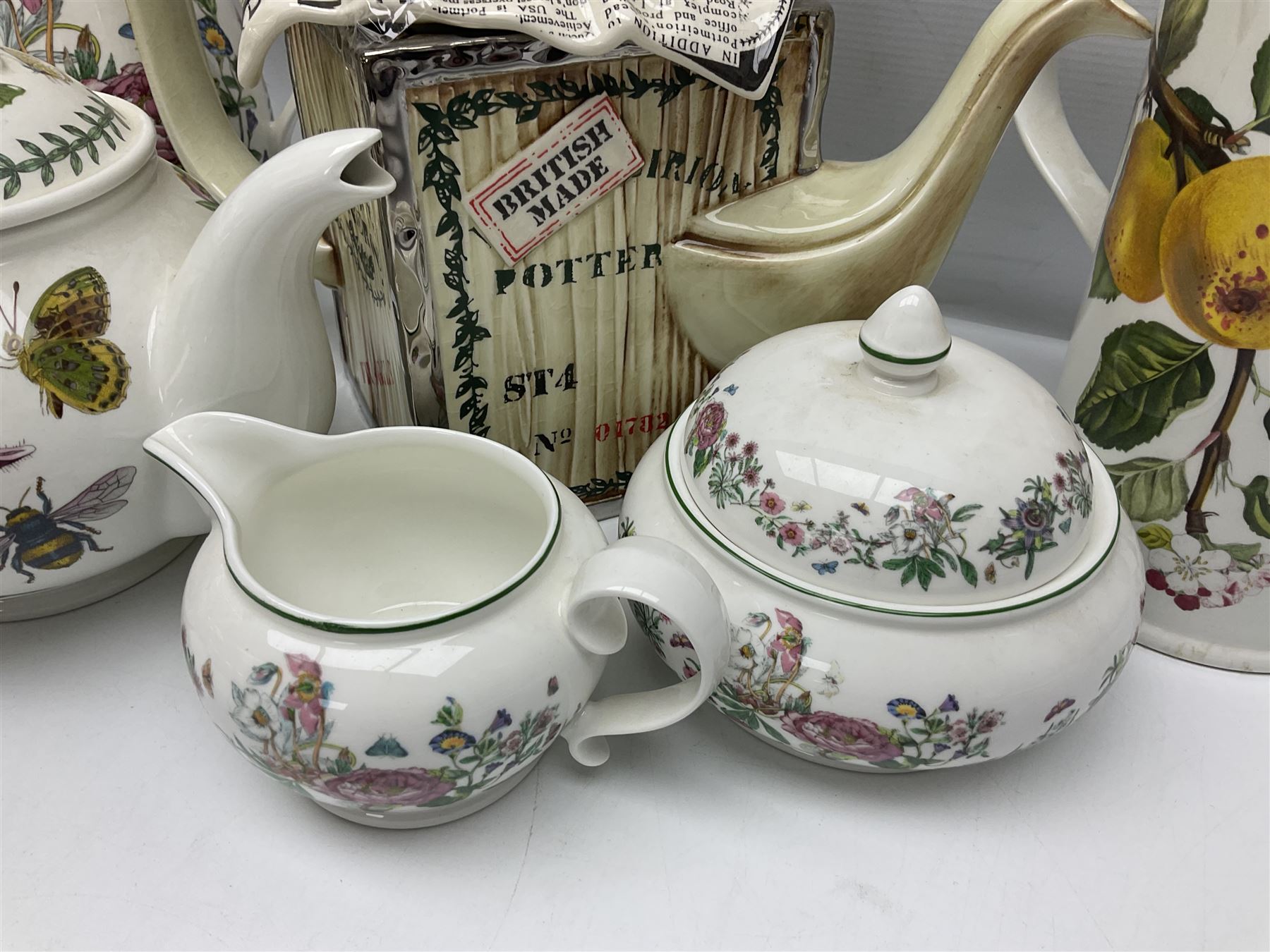 Portmeirion tea wares, in various patterns including Botanic Garden, Summer Garland and Portmeirion, to include limited edition novelty teapot, teapot, coffee press, coffee pot, covered sucrier, eight teacups and saucers, etc 