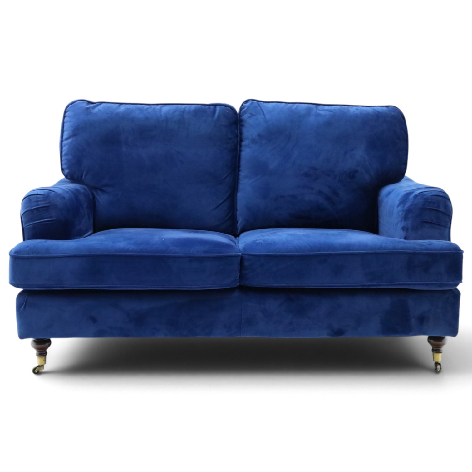 Howard design - two-seat sofa upholstered in blue fabric, traditional shape with rolled arms, on walnut finish turned feet with brushed metal cups and castors