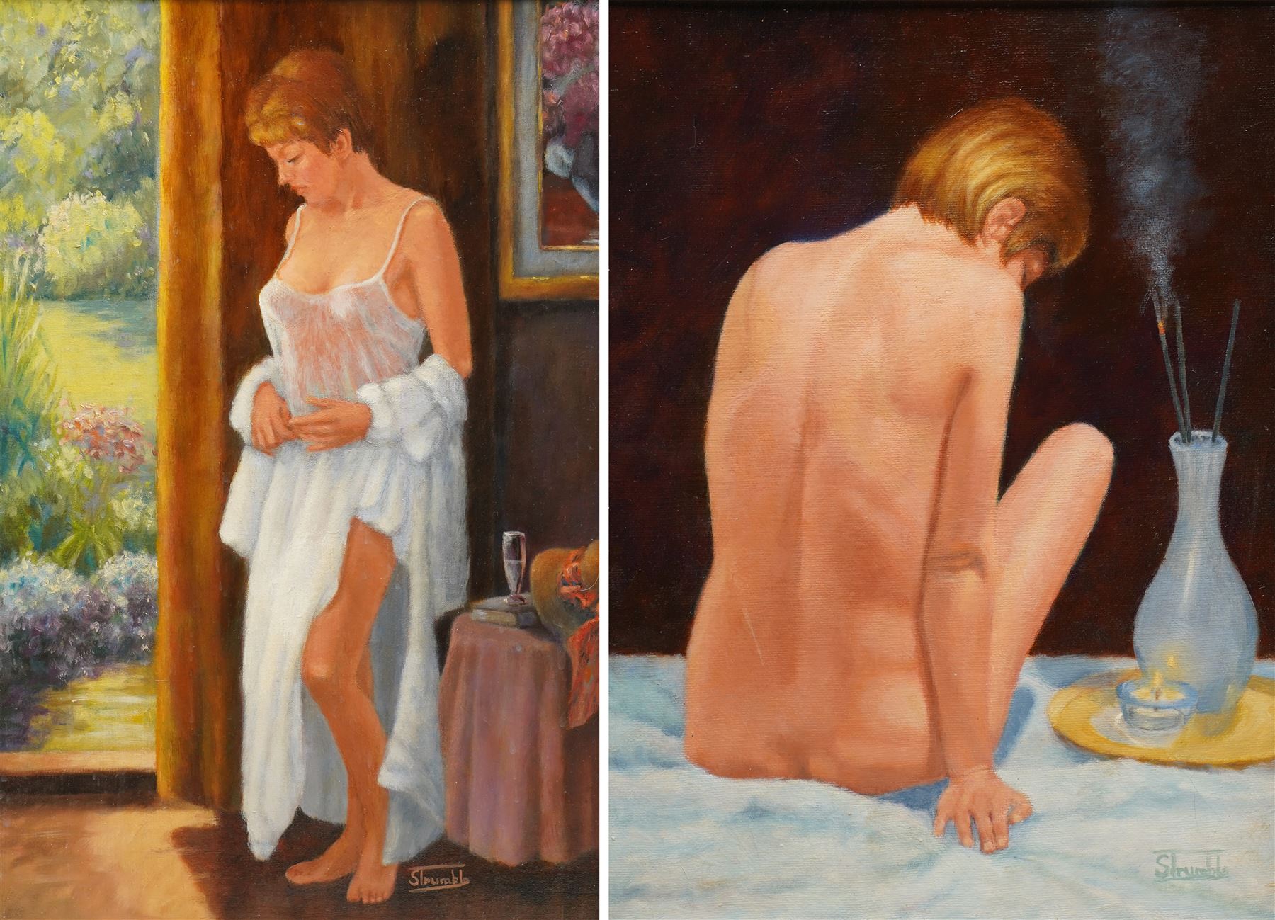 Shirley Trumble (British Contemporary): Lady in Nightgown and Nude from Behind, pair oils signed 40cm x 29cm (2)