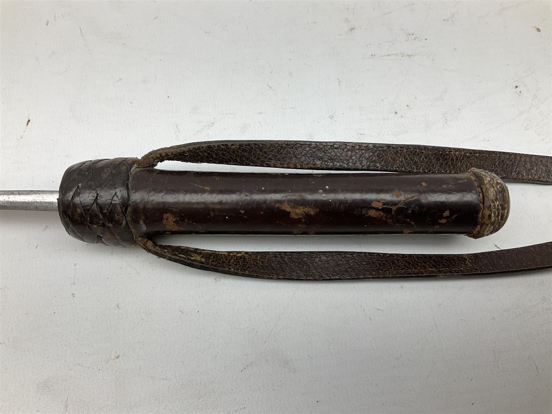 Early 20th century officer's swagger type leather covered sword stick, the 33cm etched single fullered blade marked Wilkinson Pall Mall, with carrying strap L60.5cm