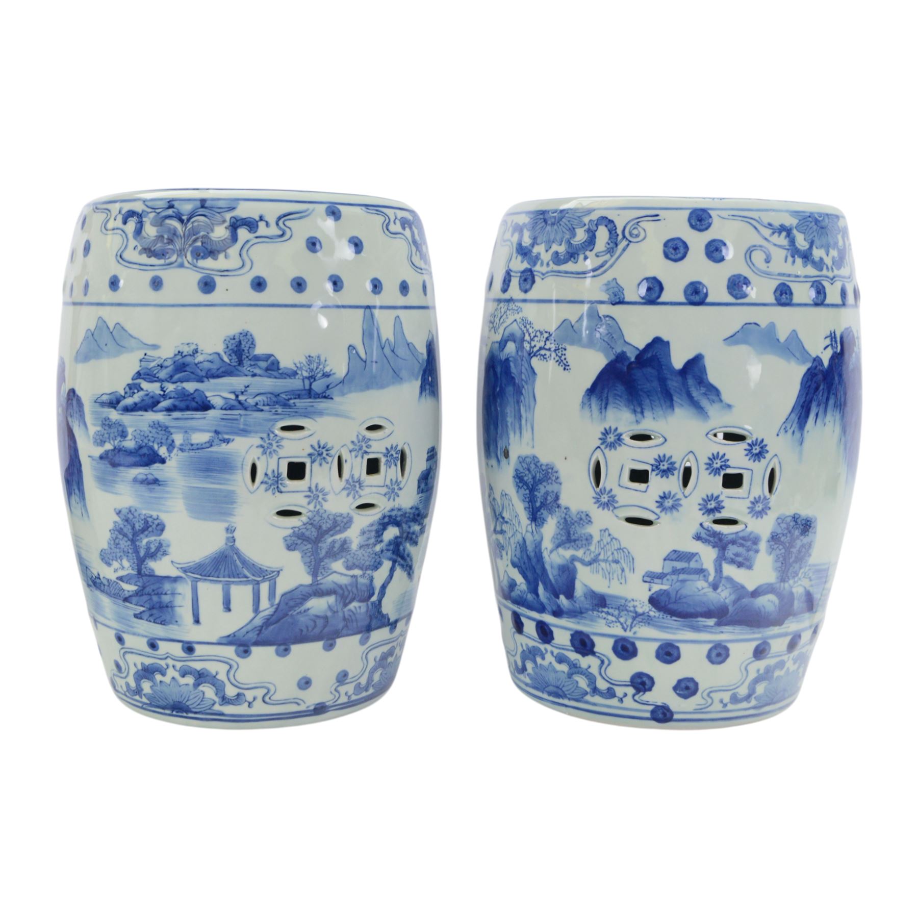 Pair of Chinese blue and white garden stools, decorated with pagodas a landscape, H40cm 