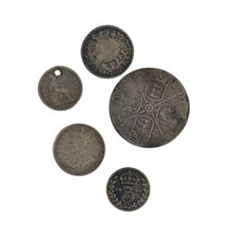 Great British and World coins, including Queen Victoria 1888 silver florin, William III fourpence, copper pennies, etc, in a biscuit tin