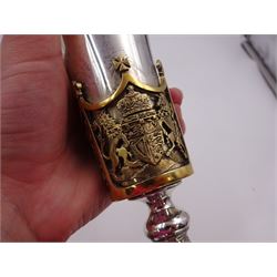 Modern limited edition silver Westminster Abbey Royal Wedding goblet, commemorating the marriage of HRH Prince Andrew and Miss Sarah Ferguson on the 23rd of July 1986, designed by Hector Miller for Aurum, the tapering cylindrical bowl with gilt interior and parcel gilt pierced band to base depicting the Royal Arms, upon knopped stem and circular stepped foot with floral parcel gilt rim, no. 483/750,  hallmarked Hector Miller, London 1986, H17cm