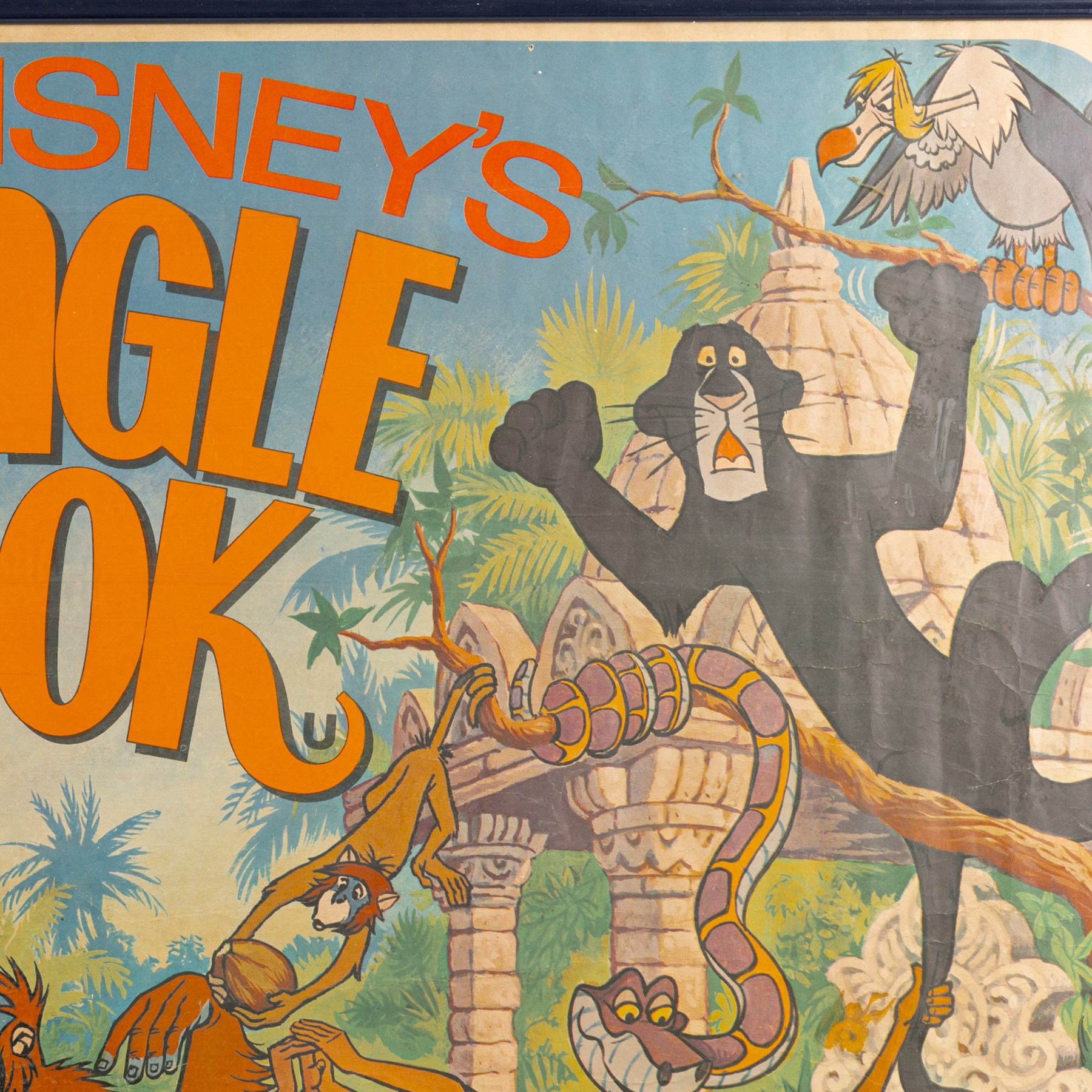 Original 1970s Walt Disney Jungle Book film poster, framed, H66cm, W98cm