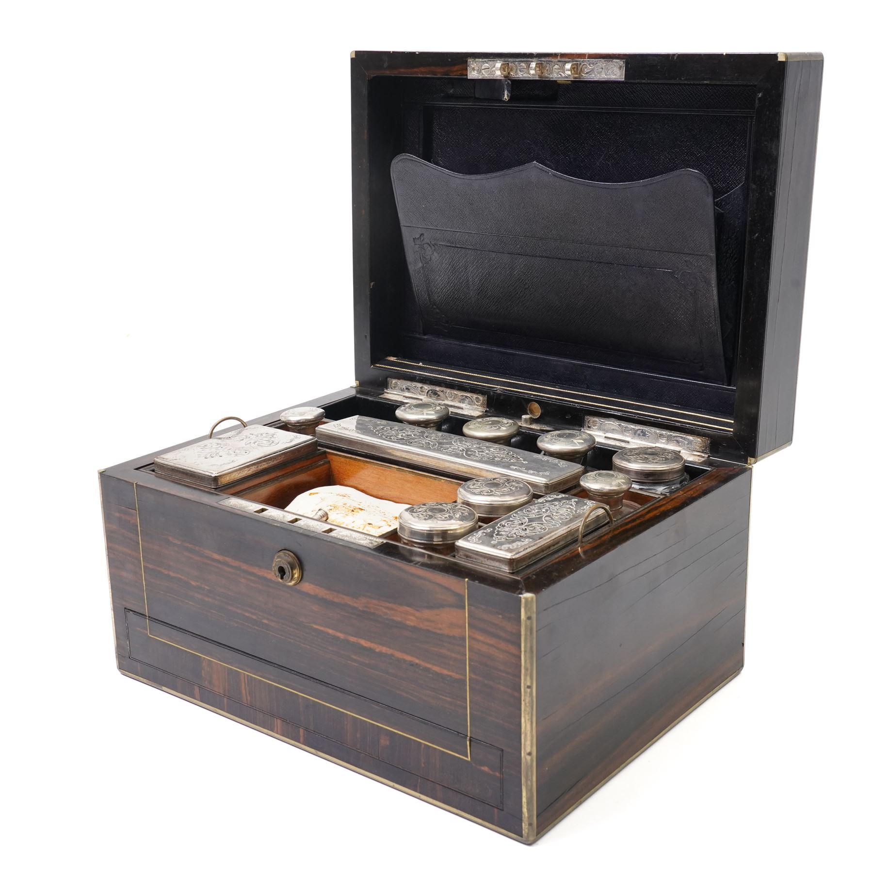 Victorian coromandel vanity box, revealing fully fitted interior with partial en suite vanity set, leather document pocket, the concealed draw accessed by pin mechanism, H18.5cm x W31.5cm x 23cm 