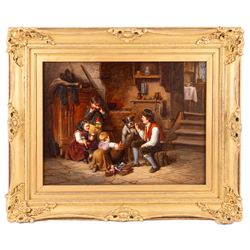 Sylvanus Redgate (British 1827-1907): 'Breakfast Time' Interior Scene with Children and Terrier, oil on board signed and dated 1870, 33cm x 43cm