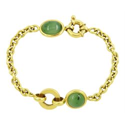 French 18ct gold two stone cabochon nephrite jade bracelet, Eagle hallmark