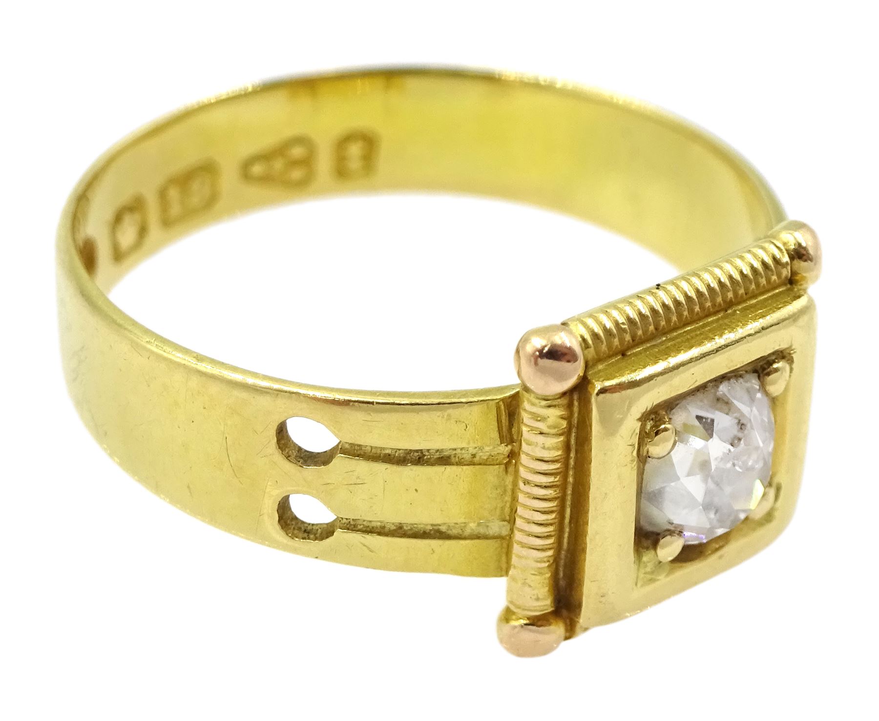 Victorian square set single stone old cut diamond ring, with pierced design shoulders, Chester 1882, diamond approx 0.50 carat