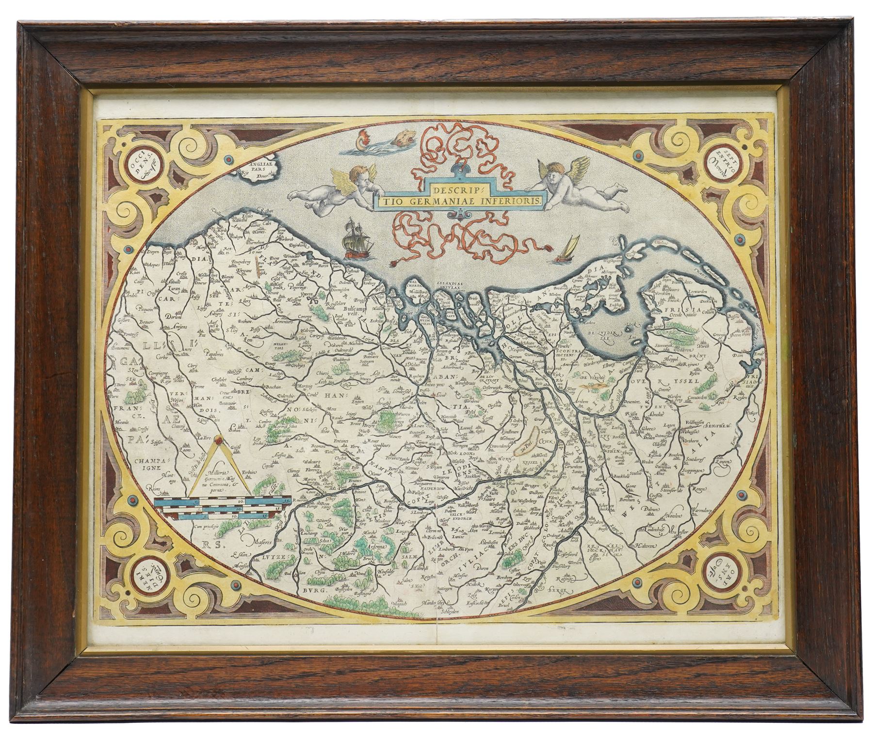 Abraham Ortelius (Belgian 1527-1598): 'Descriptio Germaniae Inferioris', 16th century engraved map with hand-colouring of the Low Countries pub, Theatrum Orbis Terrarum c.1580, good early impression with margins 41cm x 51cm