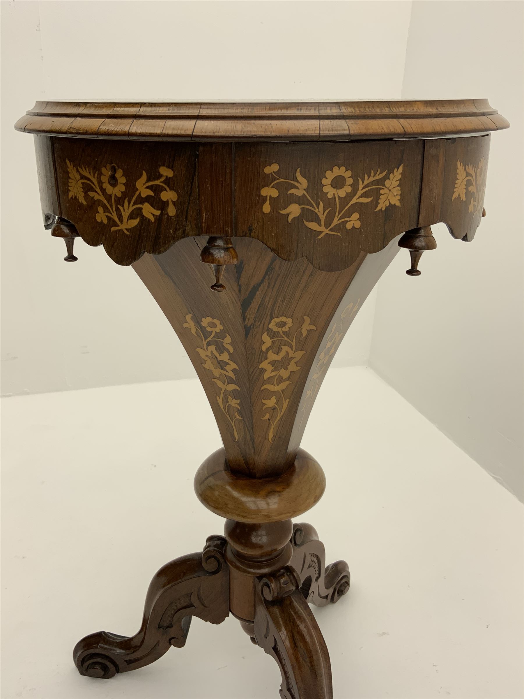 Victorian inlaid rosewood work sewing box, curved trumpet form with circular hinged lid inlaid with warrior woman on horse surrounded by trailing foliate, fitted interior, on scrolled carved splayed supports