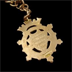 Early 20th century 9ct rose gold Albert chain, with 9ct gold fob Chester 1913 and one other Edwardian silver fob