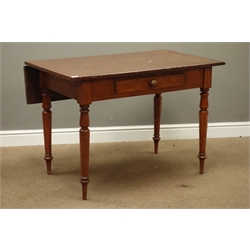  Victorian table with single frieze drawer on walnut turned supports, later drop leaf top, H73cm 107cm x 89cm   