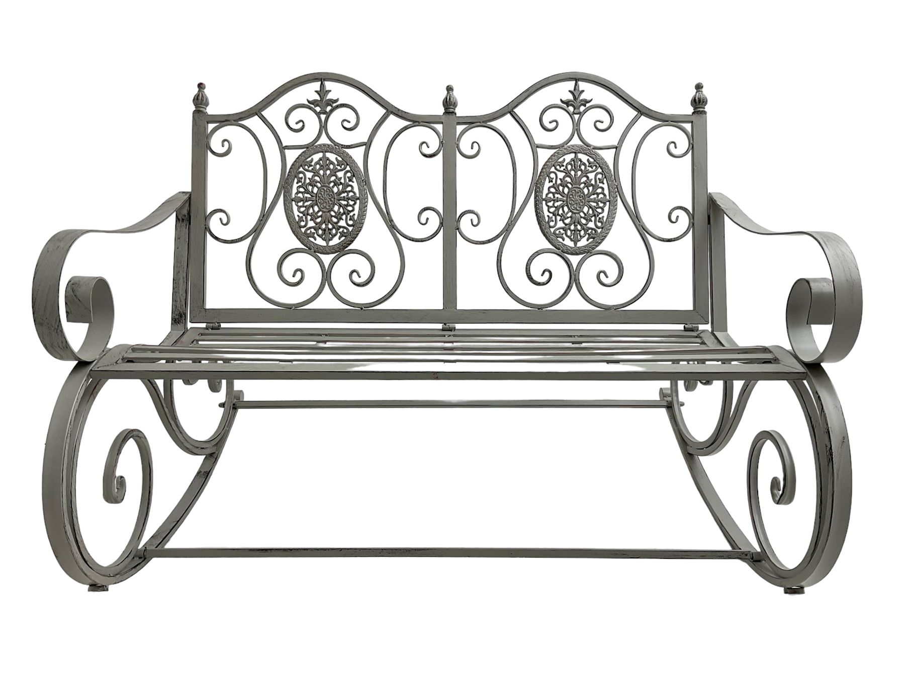 Regency design wrought metal rocking garden two seat, pierced back with scroll design over strap seat, with C-scroll back supports, in antique grey finish
