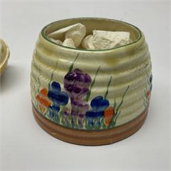 Two Clarice Cliff Bizarre for Newport Pottery, beehive honey pot with cover in Crocus pattern, with printed mark beneath, H9cm