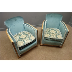  Pair Art Deco walnut framed tub shaped upholstered chairs, W62cm  