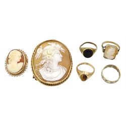 Victorian gold cameo brooch, gold cameo ring and one other later brooch, tiger's eye ring, black onyx ring and one other stone set eternity ring, all 9ct
