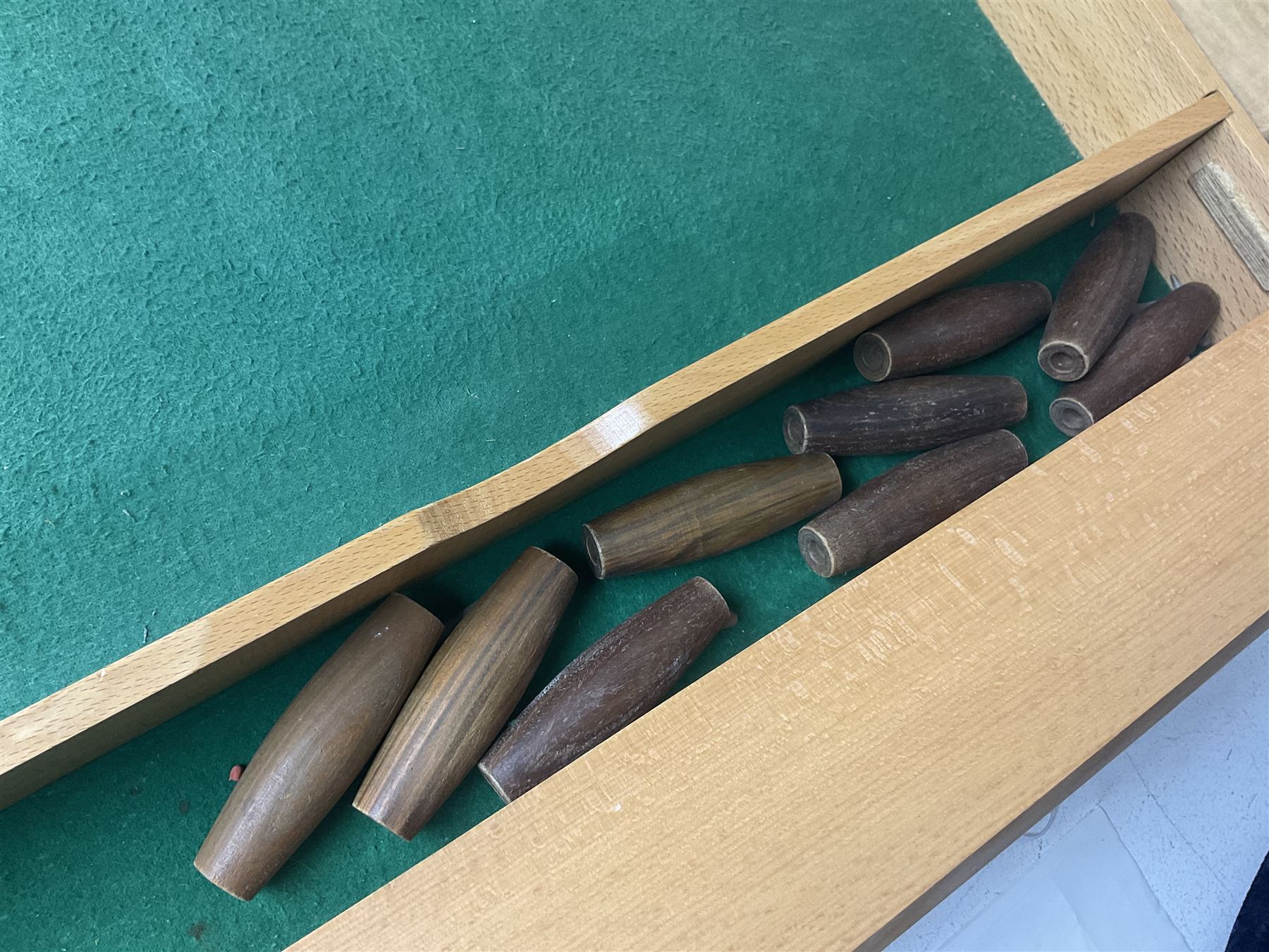 John Jaques and Son ‘Devil Among the Tailors’ wooden vintage skittles game, missing pole and ball, with instruction manual and original box; and a Corinthian Bagatelle board with marbles and push stick 