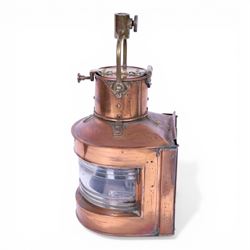 1930s copper and brass ship's masthead lamp, bearing plaque 'Masthead Patt.25A' and inscribed W.T.G. 1939, not including handle H30.5cm