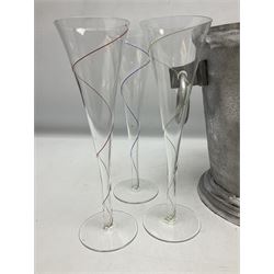 Aluminium champagne bucket detailed Cuvee de Prestige Champagne du Louvois, with twin ring handles, together with quantity of glasses, bucket L38cm