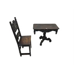 Late 19th century Gothic revival carved oak pedestal table, rectangular top with carved edges, apron carved with trailing foliate and scrolled decoration, heavily detailed column with scrolling decoration and floral carvings, the tripod base with cabriole supports carved with flowerheads (93cm x 53cm x 75cm; Late 19th century carved oak hall chair, panelled back rails with extending scroll decoration (51cm x 40cm x 116cm)