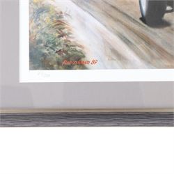 Two limited edition signed motor racing prints, the first by Ray Goldsborough depicting a Sharknose Ferrari 156 driven by Wolfgang Von Trips at the Monaco Grand Prix 1961, limited edition no. 36/475, the second by Robin Owen depicting a Sharknose Ferrari, limited edition no. 64/500, both numbered and signed by the artists, largest H56cm, W66cm