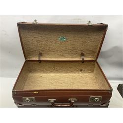 Three shooting sticks, together with four vintage leather brown suitcases of various sizes, largest suitcase H40cm L65cm 