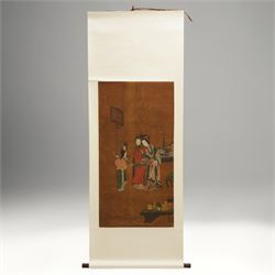 After Li Gonglin (Chinese 1049-1106): Court Ladies Examining a Scroll, 19th century hangin...