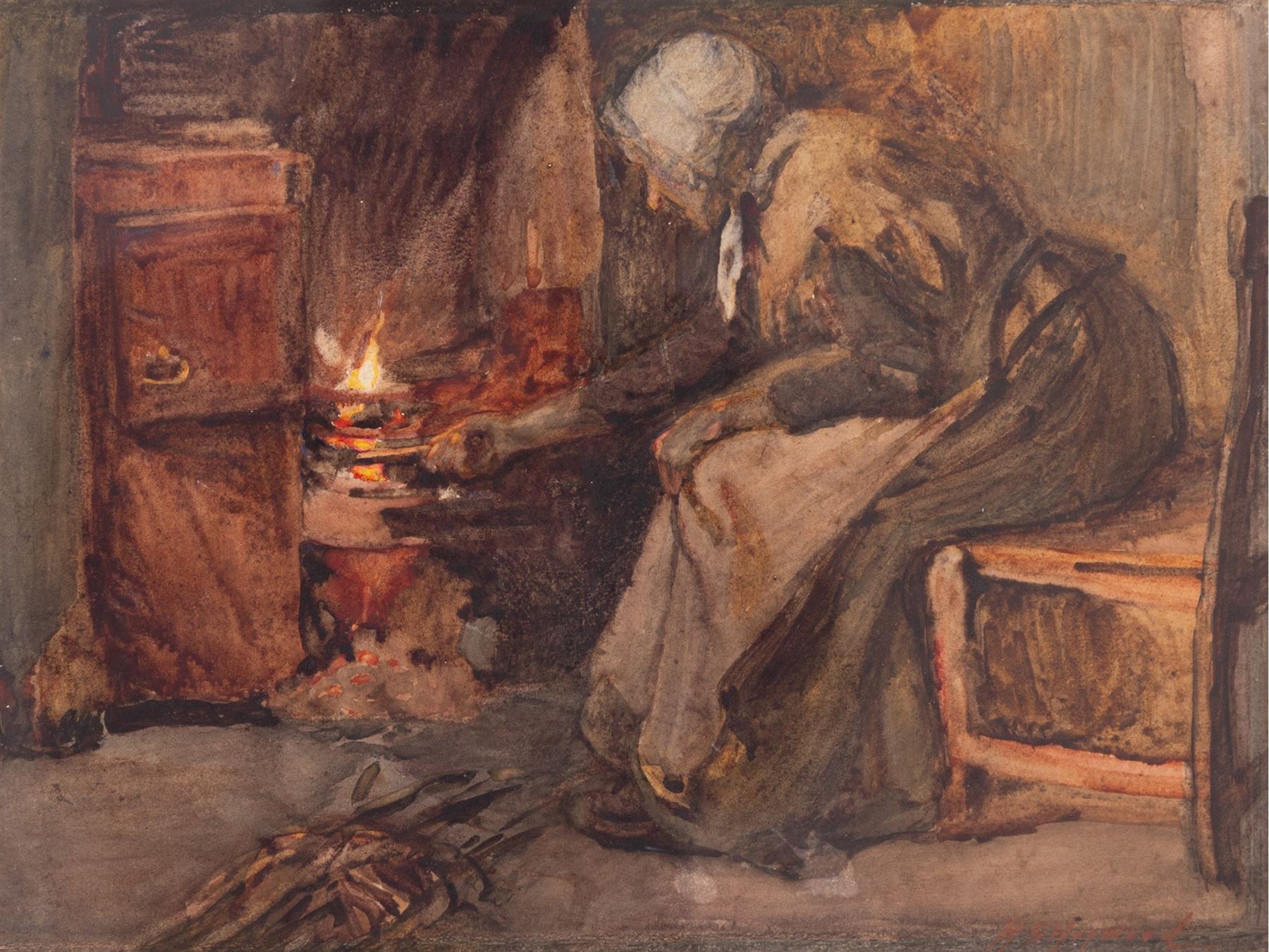 Henry Silkstone Hopwood (Staithes Group 1860-1914): Interior Scene with Old Woman Tending Fire, watercolour signed 26cm x 35cm