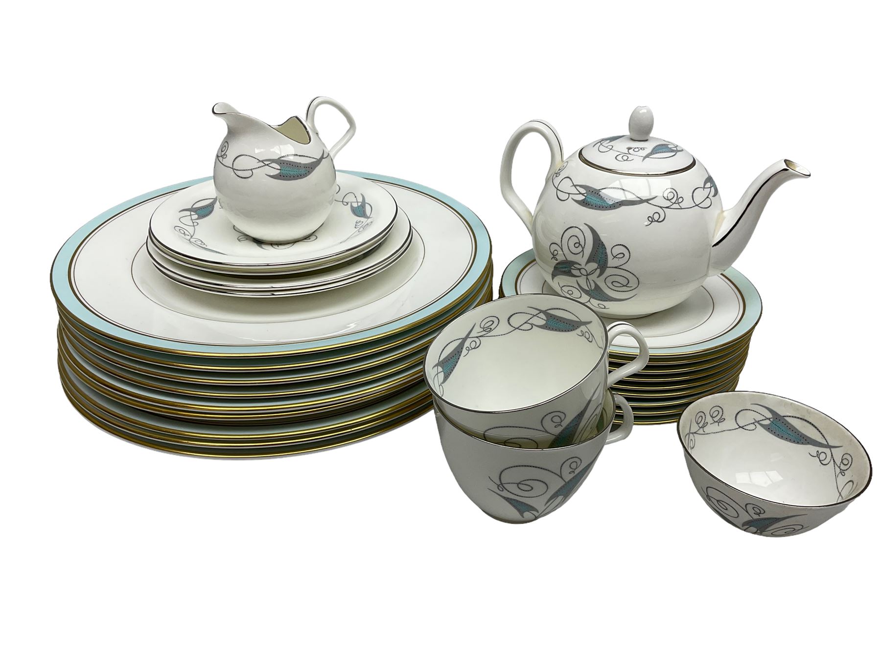Foley breakfast set in Celeste pattern, comprising two teacups and saucers, two plates, teapot, milk jug and open sucrier, together with Royal Worcester Howard pattern dinner, dessert and side plates