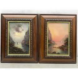 Nils Hans Christiansen RAC (Danish 1850-1922): River Valleys at Dusk, pair oils on board signed 22cm x 14cm (2)