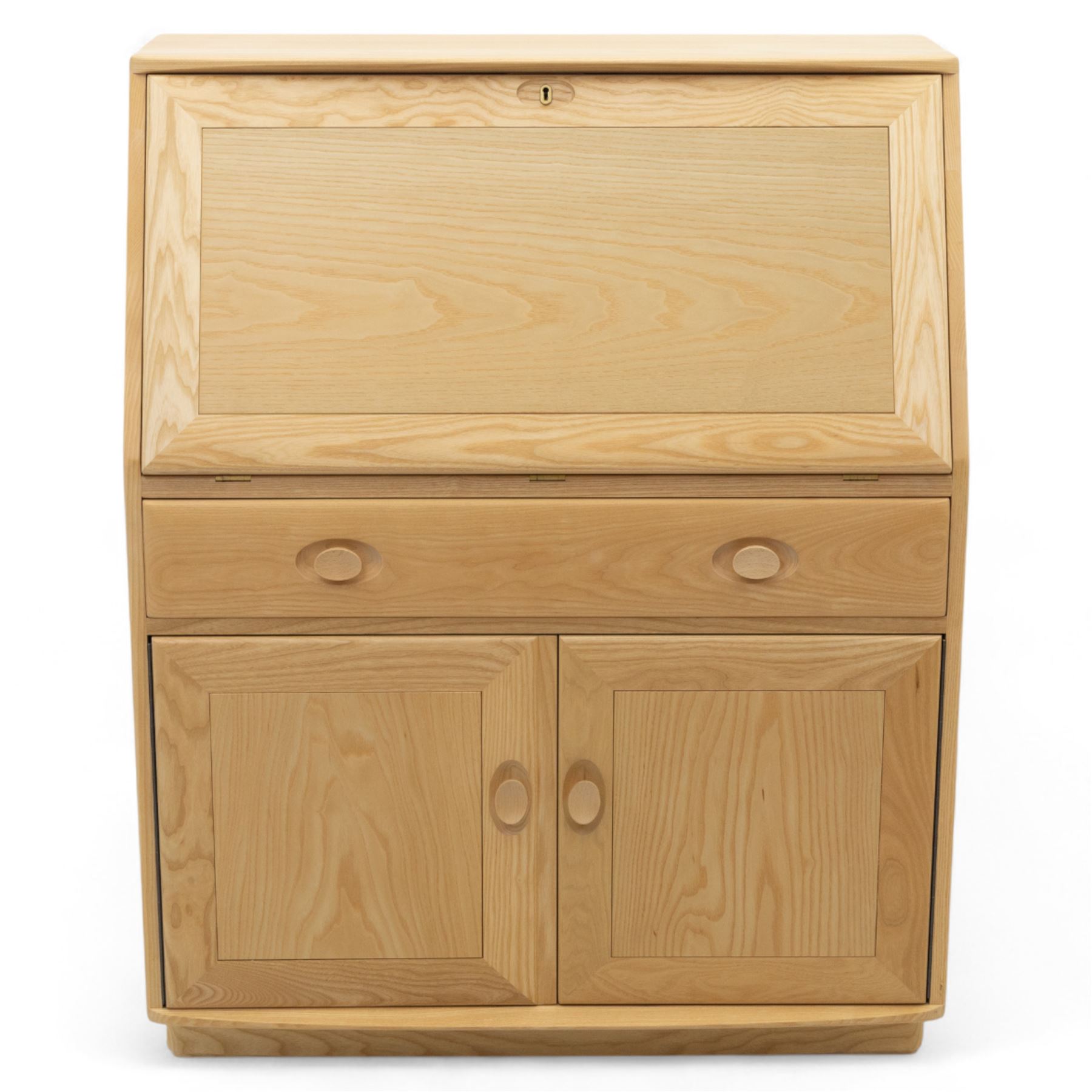 Ercol - light elm bureau, fitted with fall-front writing surface revealing adjustable shelving, above a single long drawer and twin cupboard doors, on plinth base