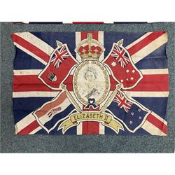 Six flags - White Ensign 180 x 86cm; two Union flags 180 x 86cm and 132 x 62cm; Falklands Islands 153 x 89cm; Yorkshire Rose 153 x 89cm; and QEII 1953 Coronation 84 x 57cm (6)