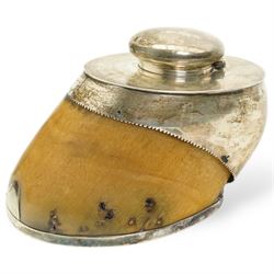 Edwardian silver mounted horses hoof inkwell, engraved 'Mickie' with hinged cover Sheffiel...