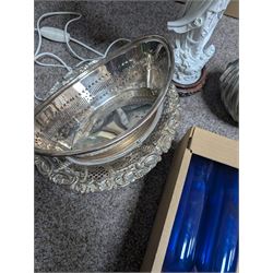 Bristol blue jug, silver and Sheffield plate, Blanc-de-Chine table lamp and a cast shell bowl, etc 