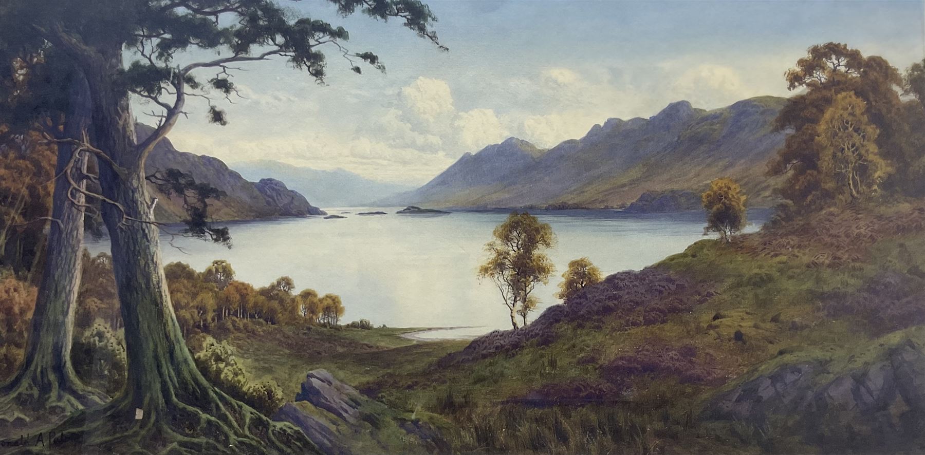 Edward Horace Thompson (AKA Donald A Paton) (British 1879-1949): 'Loch Ailort - Early Autumn', watercolour signed with pseudonym 30cm x 60cm 
Provenance: private collection, purchased James Alder Fine Art, Hexham. Thompson used the name Donald Paton when he painted Scottish scenes, presumably for a different agent than the name he used for his more common Lake District views.