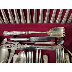 Canteen of silver plated cutlery for six plate settings by Dixons, within fitted wooden case, together with a meat fork with embossed silver handle, silver teaspoon and a silver straining spoon