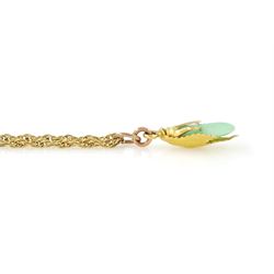 Early 20th century Chinese Export 20ct gold jade gourd form pendant, stamped KL, possibly Kam Lung, on a later 9ct gold rope chain necklace