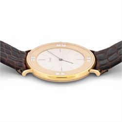 Piaget Altiplano ultra thin 18ct gold diamond set manual wind wristwatch, Ref. 2642, Cal. 20P2, silvered dial with baton hour markers, the gold outer ring set with eight round brilliant cut diamonds, on brown leather strap with Piaget 18ct gold buckle and 18ct gold diamond set spacer
