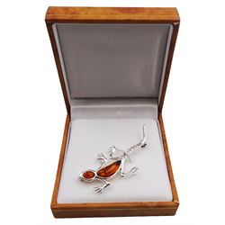 Silver Baltic amber lizard brooch, stamped 925