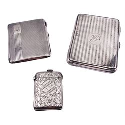 1930's silver cigarette case, hallmarked Mayes, Mills & Co, Birmingham 1938, and an early 20th century silver cigarette case, hallmarked Birmingham 1919, makers mark worn and indistinct, both with engine turned decoration, together with a late Victorian silver vesta case with engraved initials and foliate scroll decoration, hallmarked William Vale & Sons, Birmingham 1900, approximate total weight 6.68 ozt (208 grams)