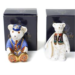 Set of eight Royal Crown Derby teddies, comprising cook, shopping, Daddy and George, Mummy and Charlotte, gardener, school boy, Xmas and Scottish teddy, no stoppers, all boxed (8)
