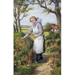 Robert William Bates (British 19th/20th Century): Young Woman Picking Flowers, oil on board signed 32cm x 20cm