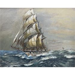 Colin Verity (British 1924-2011): Tall Masted Ship in Full Sale, oil on board signed 59cm x 75cm