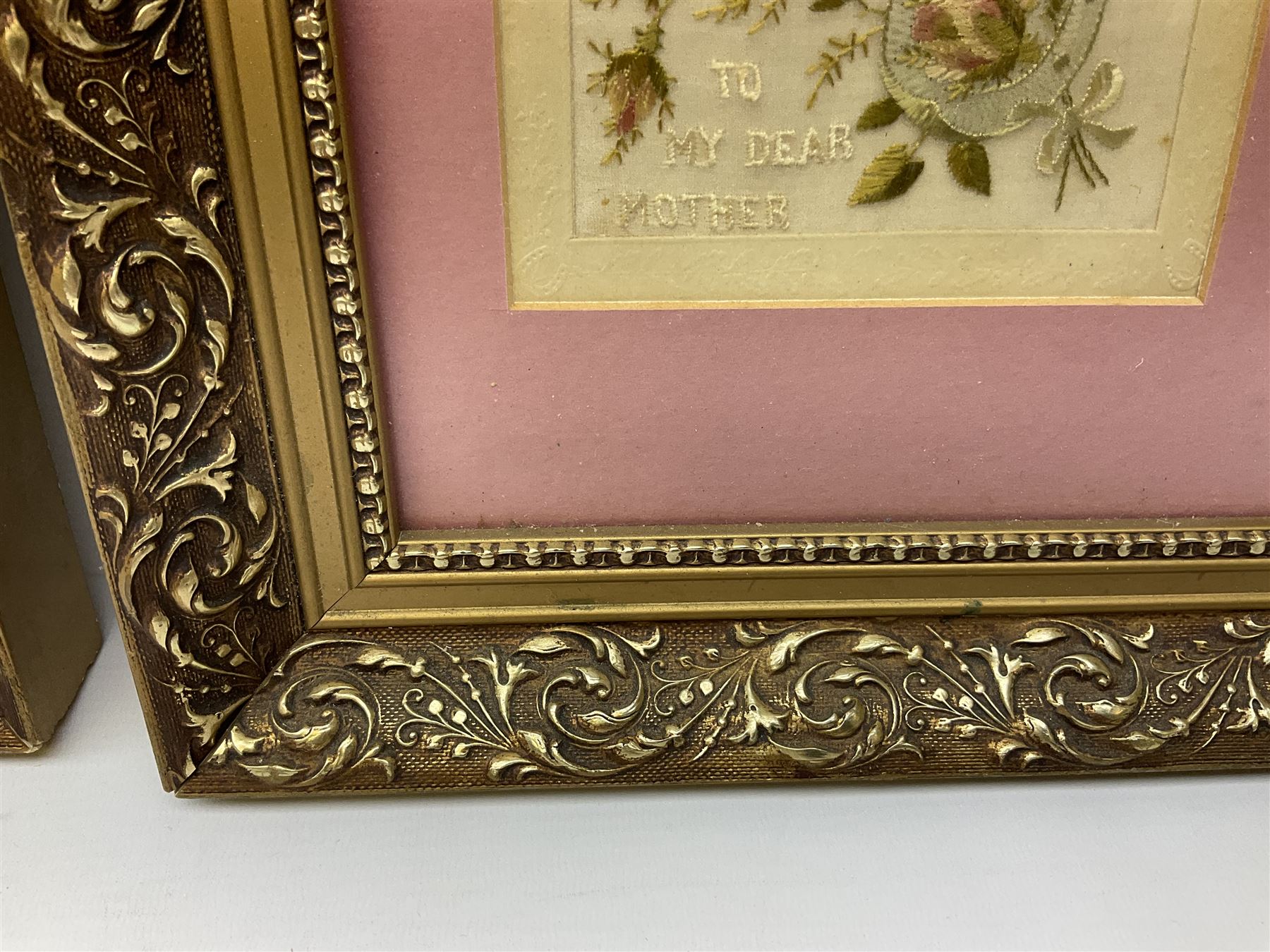 Thirty-five WW1 embroidered silk postcards including regimental crests, flags of the Allies, envelope type with greeting card inserts, Christmas and birthday cards etc; mounted and glazed in three graduated modern matching gilt frames (3)